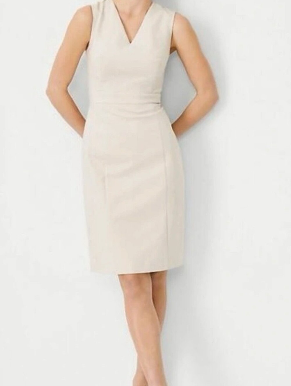 Ann Taylor Sleeveless V-Neck Sheath Dress in Cream